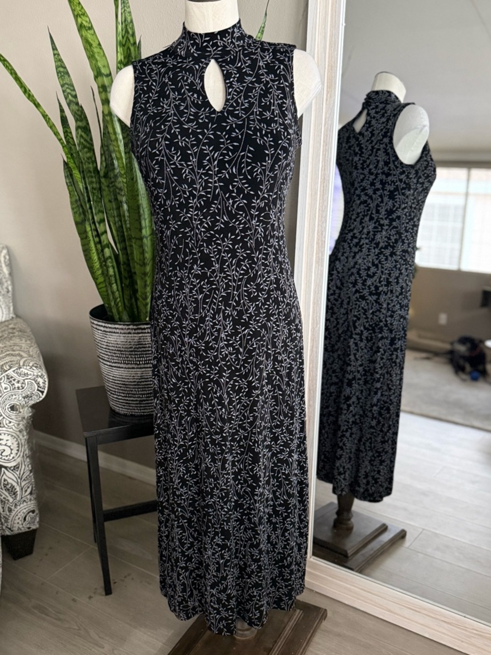 Coldwater Creek Black White Print Dress Keyhole Neck Petite 10P